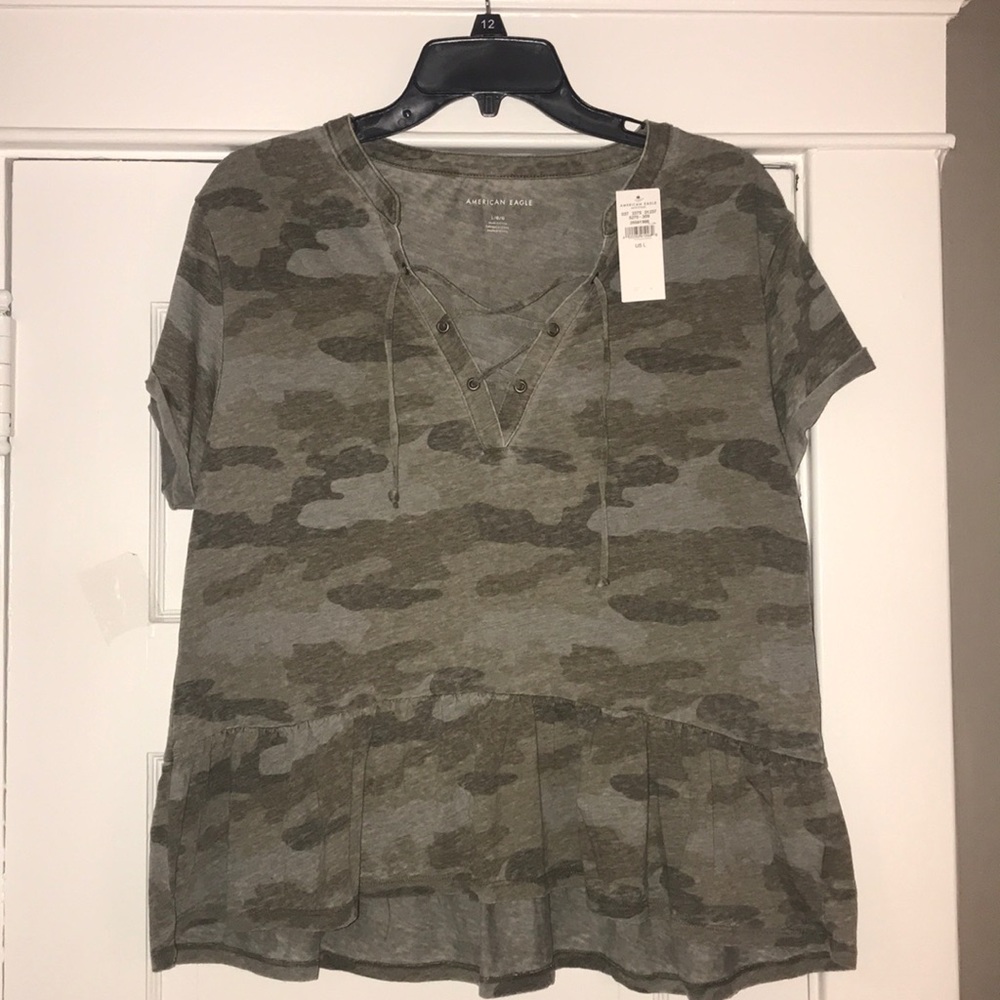 NWT AE lace up camo peplum top